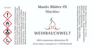 Mastix Blaetter aus Marokko Aetherisches Oel Label