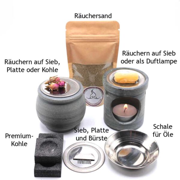 Räucherset aus Speckstein mit Aufzählung
