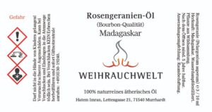 Rosengeranie aus Madagaskar Aetherisches Oel Label