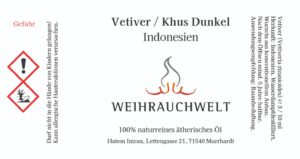 Vetiver Khus Dunkel aus Indonesien Aetherisches Oel Label